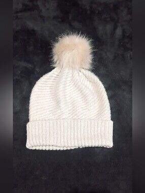 Aldo Cream Ribbed Knit Pom Pom Beanie Hat